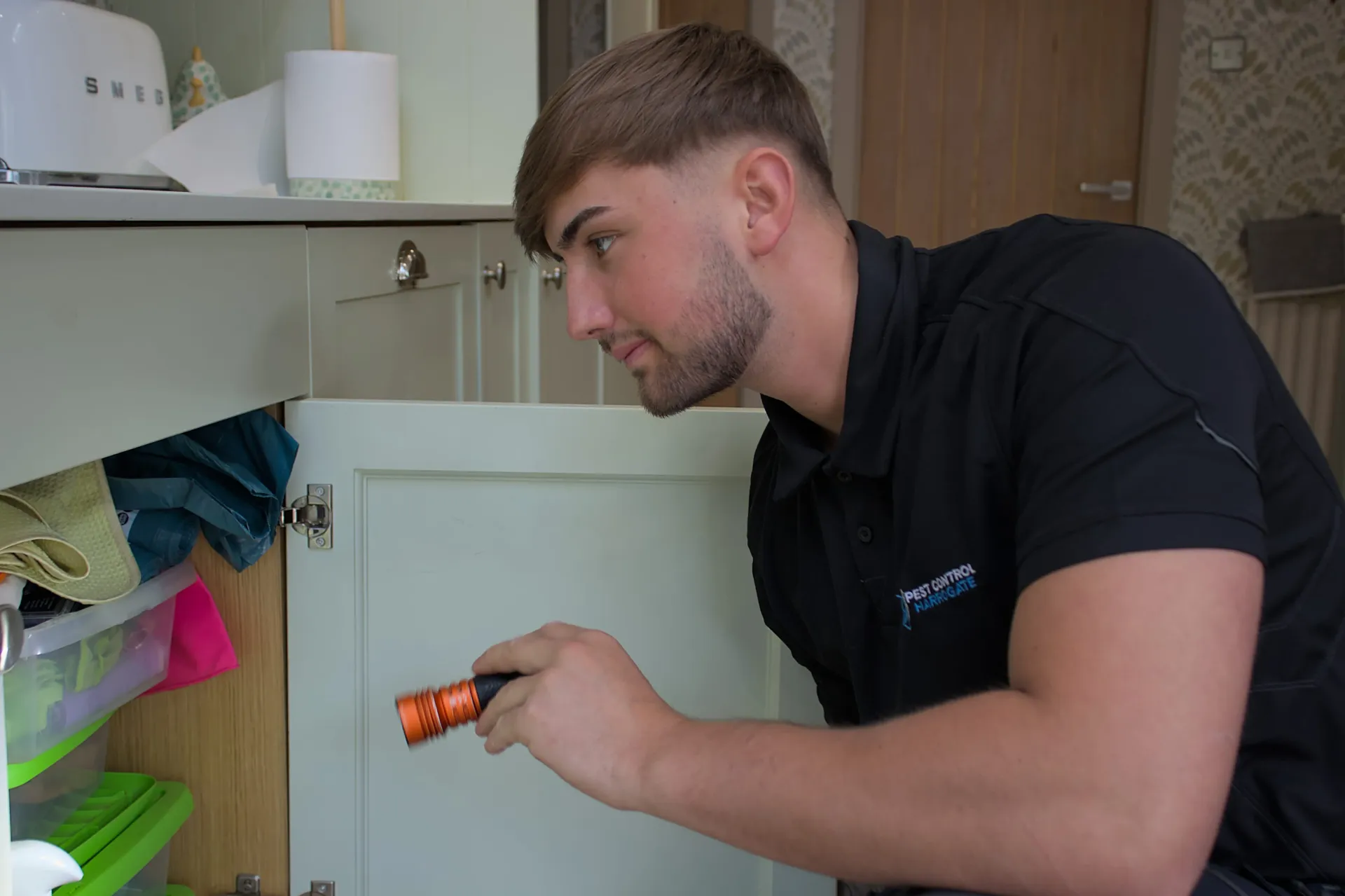 A Pest Control Harrogate expert conducting a domestic pest inspection inside a kitchen cabinet using a torch.